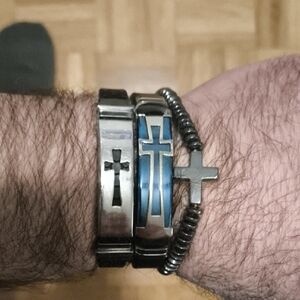 3 Men's Silver and Blue Cross Bracelets